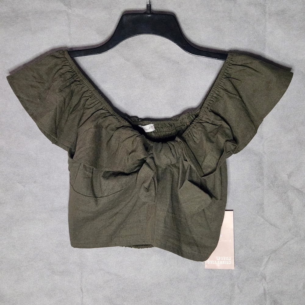 Simply Blessed Off Shoulder Crop Top Flirty Ruffle Trim Decorative Bow On Front